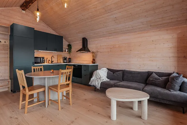 Nyoppusset hytte, sofa og kjøkken